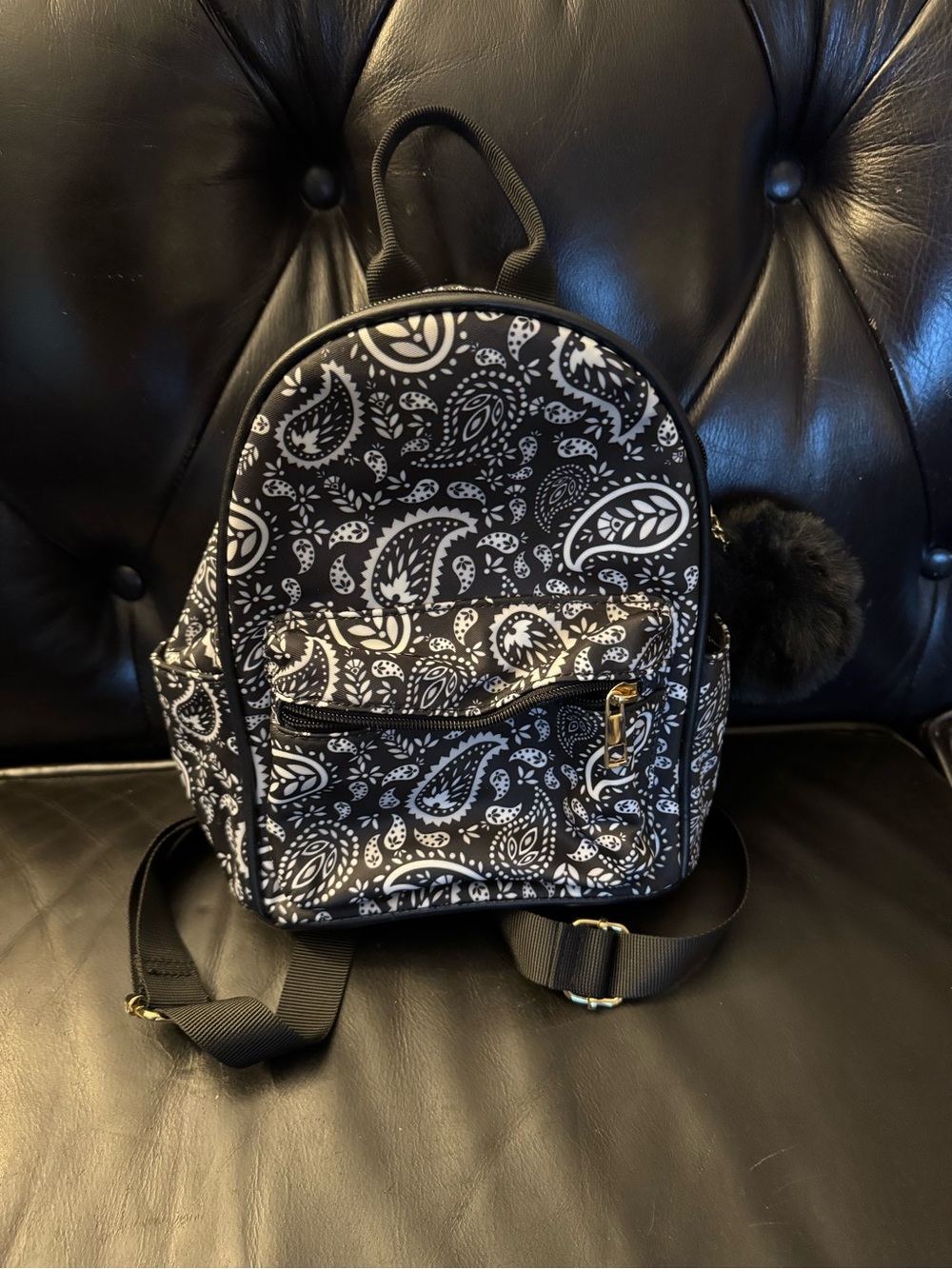 Black Paisley Mini Backpack with Pom Accent